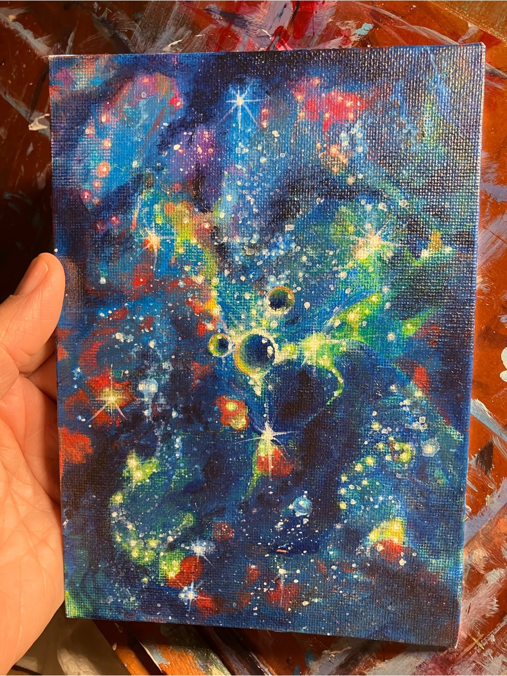 Original Galaxy Space painting UFO planet stars art by Artettina